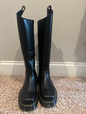 Dr. Martens Black Tall Platform Zip Knee Boots with Yellow Stitching